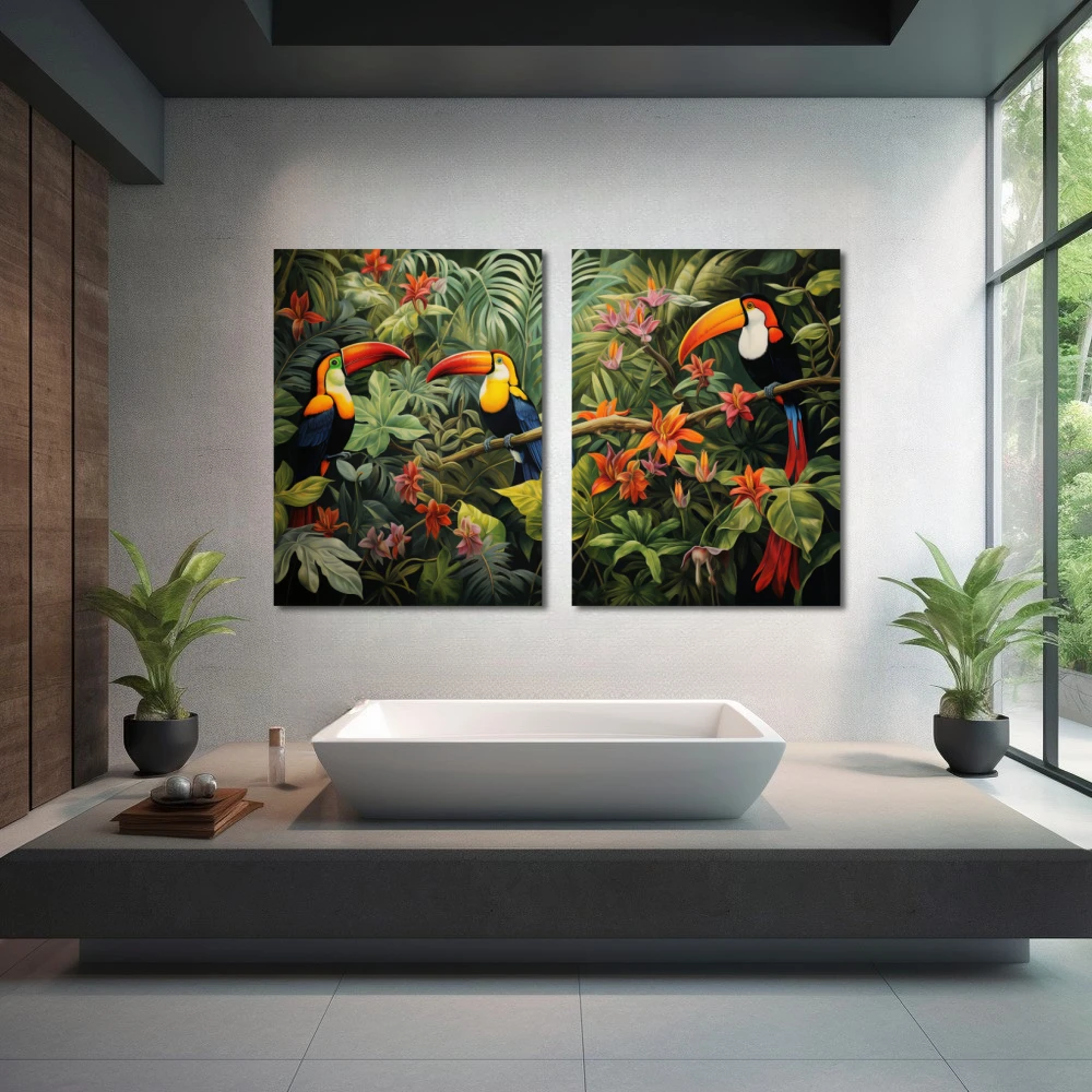 Wall Art titled: Silhouettes of Eden in a Horizontal format with: Orange, Green, and Vivid Colors; Decoration the Wellbeing wall