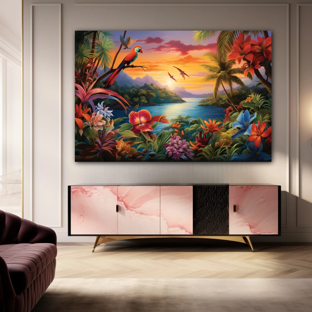 Wall Art titled: Mirages of Eden in a Horizontal format with: Red, Green, and Vivid Colors; Decoration the Sideboard wall