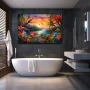 Wall Art titled: Mirages of Eden in a Horizontal format with: Red, Green, and Vivid Colors; Decoration the Bathroom wall