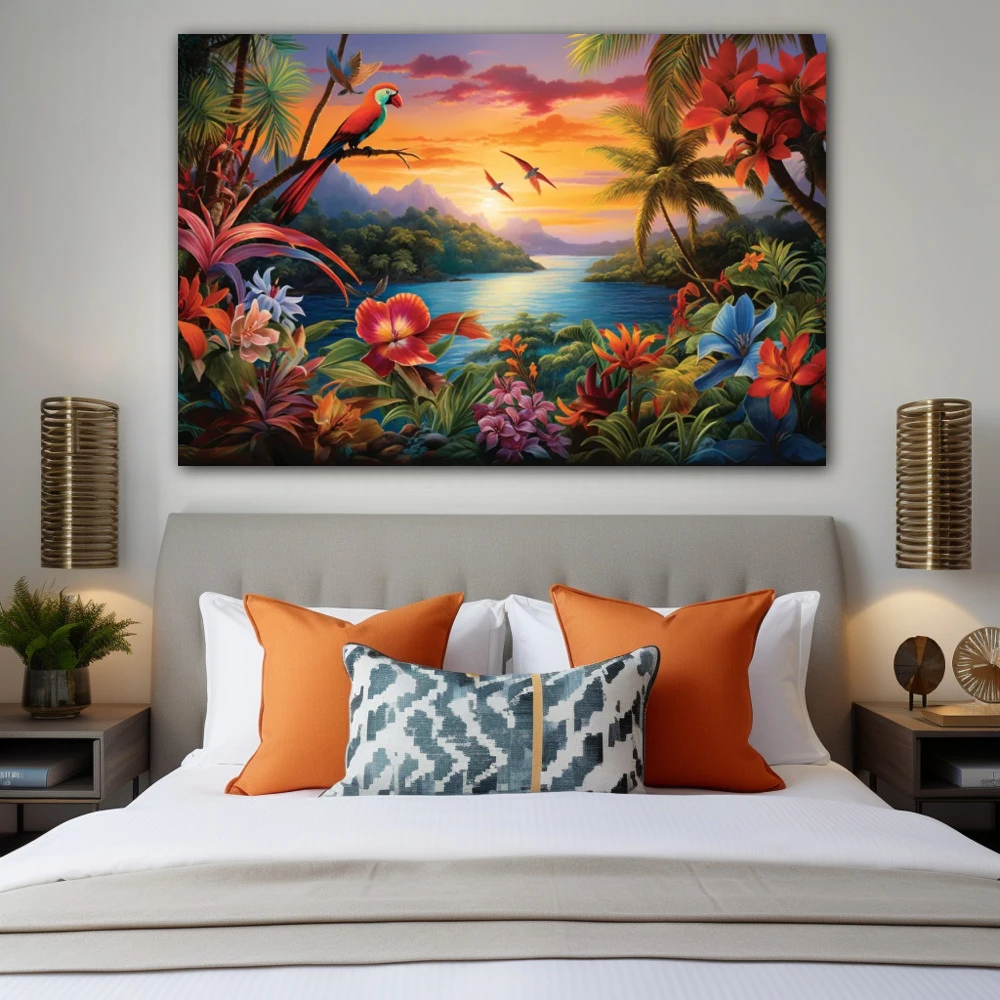 Wall Art titled: Mirages of Eden in a Horizontal format with: Red, Green, and Vivid Colors; Decoration the Bedroom wall