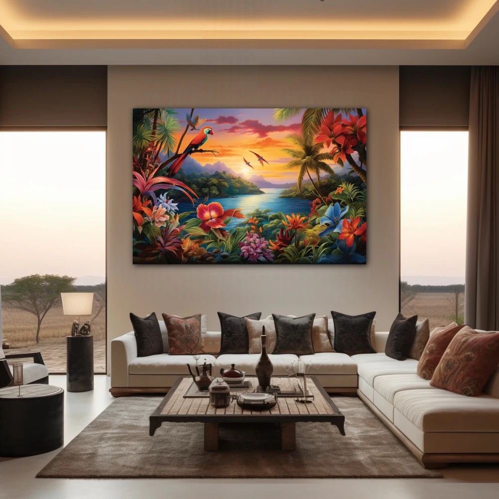 Wall Art titled: Mirages of Eden in a Horizontal format with: Red, Green, and Vivid Colors; Decoration the Living Room wall