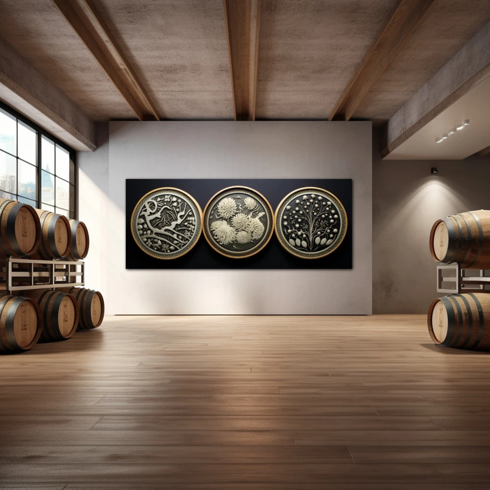 Wall Art titled: The Circular Trio in a Elongated format with: Grey, Black, and Beige Colors; Decoration the Winery wall
