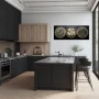 Wall Art titled: The Circular Trio in a Elongated format with: Grey, Black, and Beige Colors; Decoration the Kitchen wall
