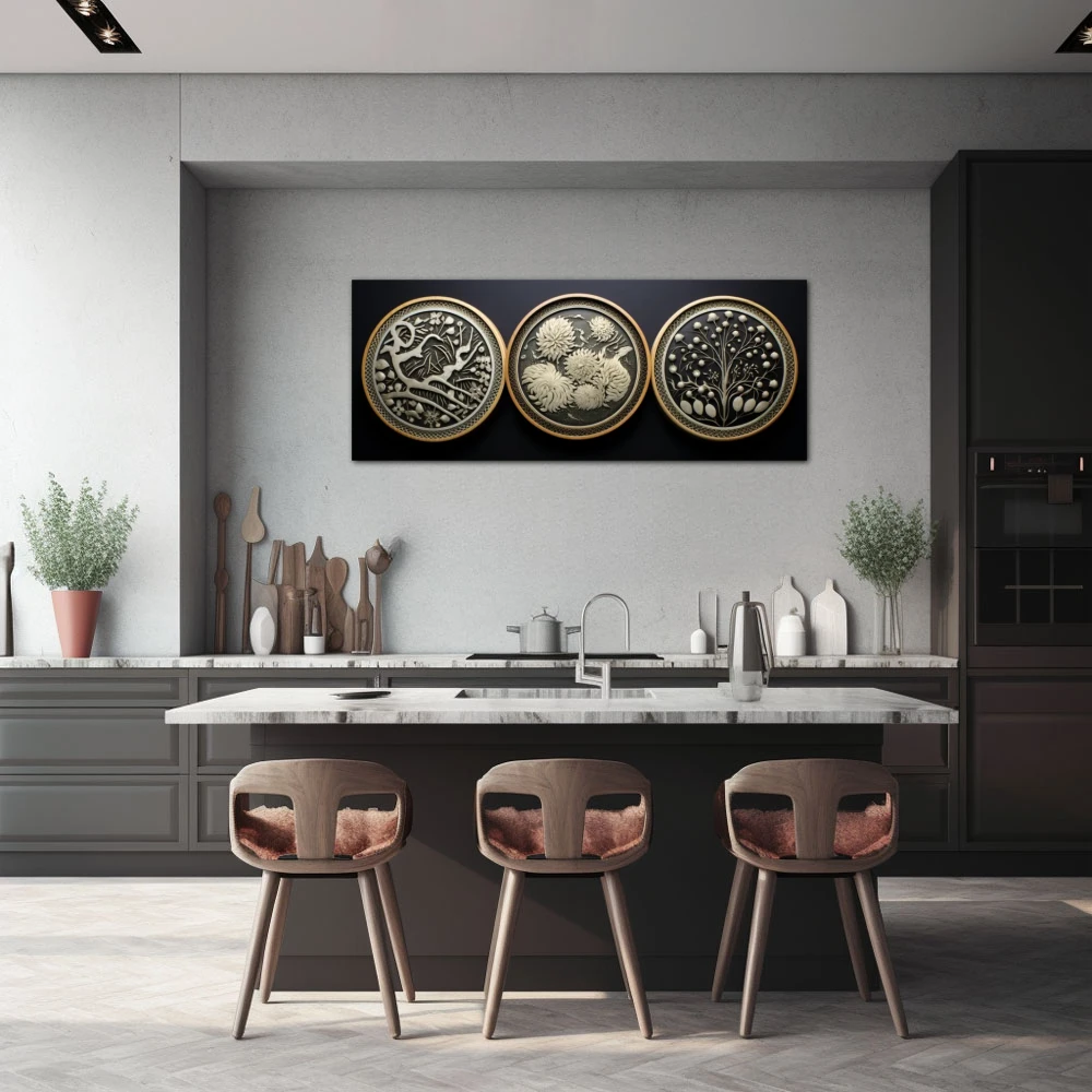 Cuadro el trio circular en formato apaisado con colores gris, negro, beige; decorando pared de cocina