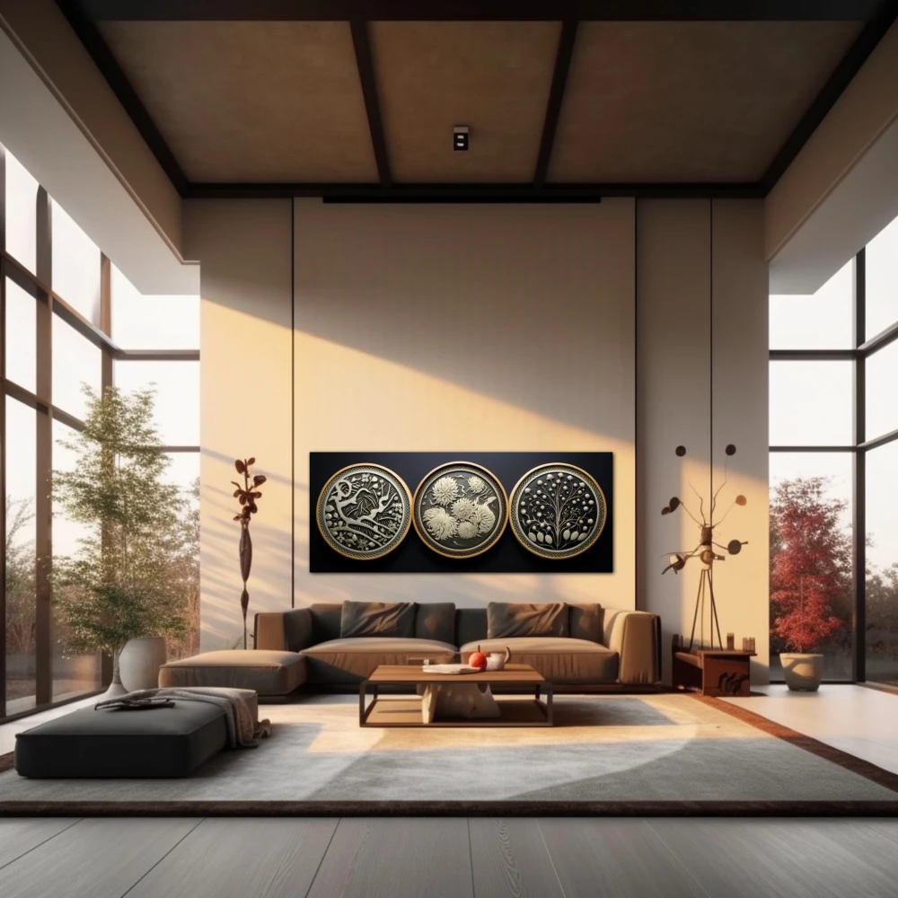 Cuadro el trio circular en formato apaisado con colores gris, negro, beige; decorando pared de salón comedor
