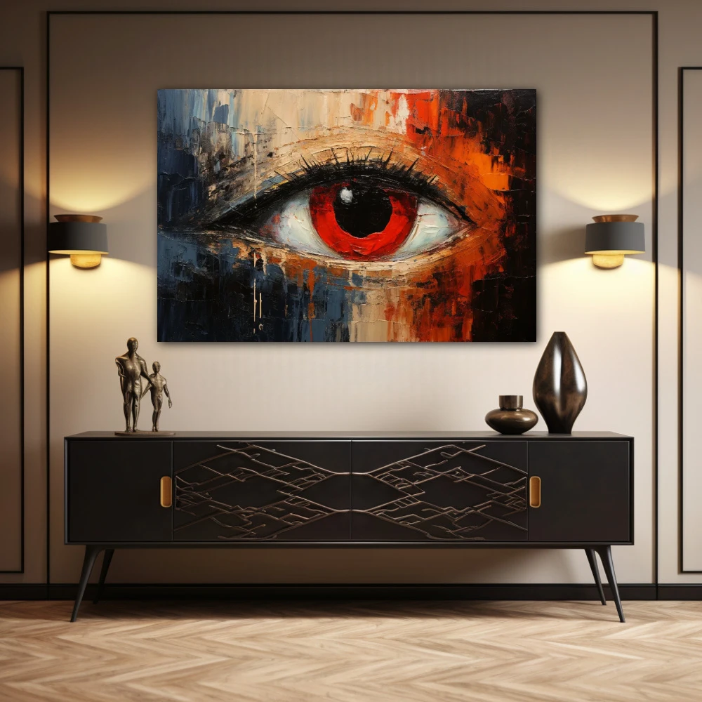 Cuadro pupila carmesí en formato horizontal con colores rojo, beige; decorando pared de aparador