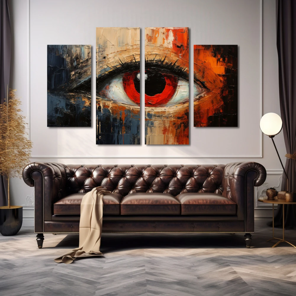 Cuadro pupila carmesí en formato políptico con colores rojo, beige; decorando pared de encima del sofá
