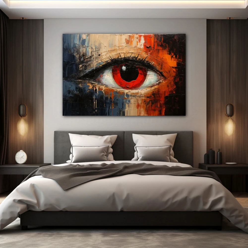 Cuadro pupila carmesí en formato horizontal con colores rojo, beige; decorando pared de habitación dormitorio