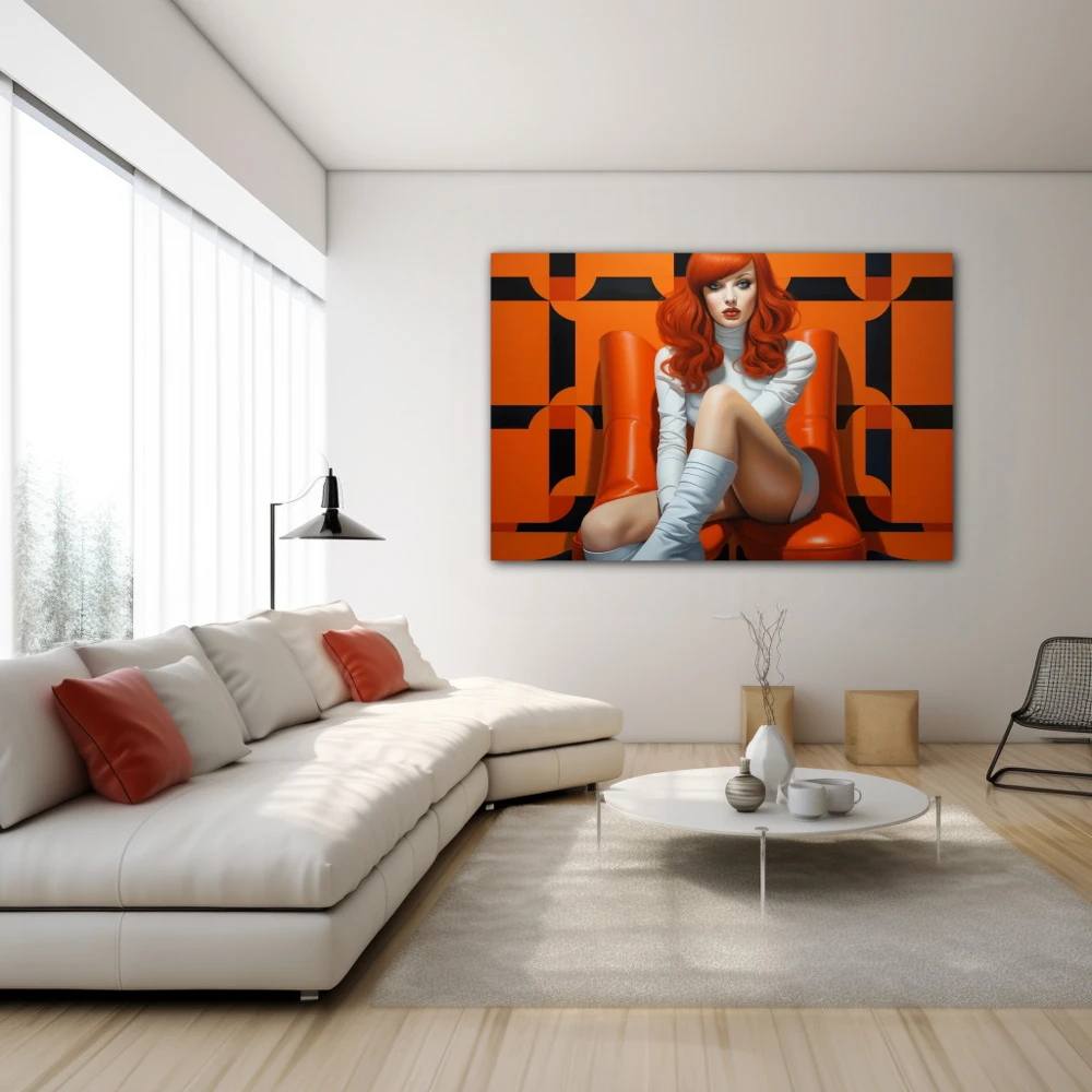 Cuadro isabella d'amour en formato horizontal con colores blanco, naranja, negro; decorando pared blanca