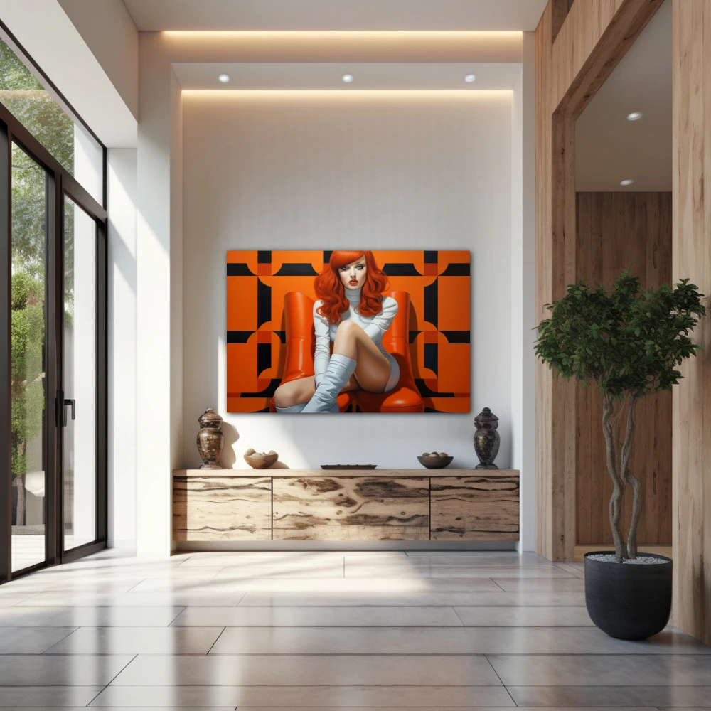 Cuadro isabella d'amour en formato horizontal con colores blanco, naranja, negro; decorando pared de entrada y recibidor