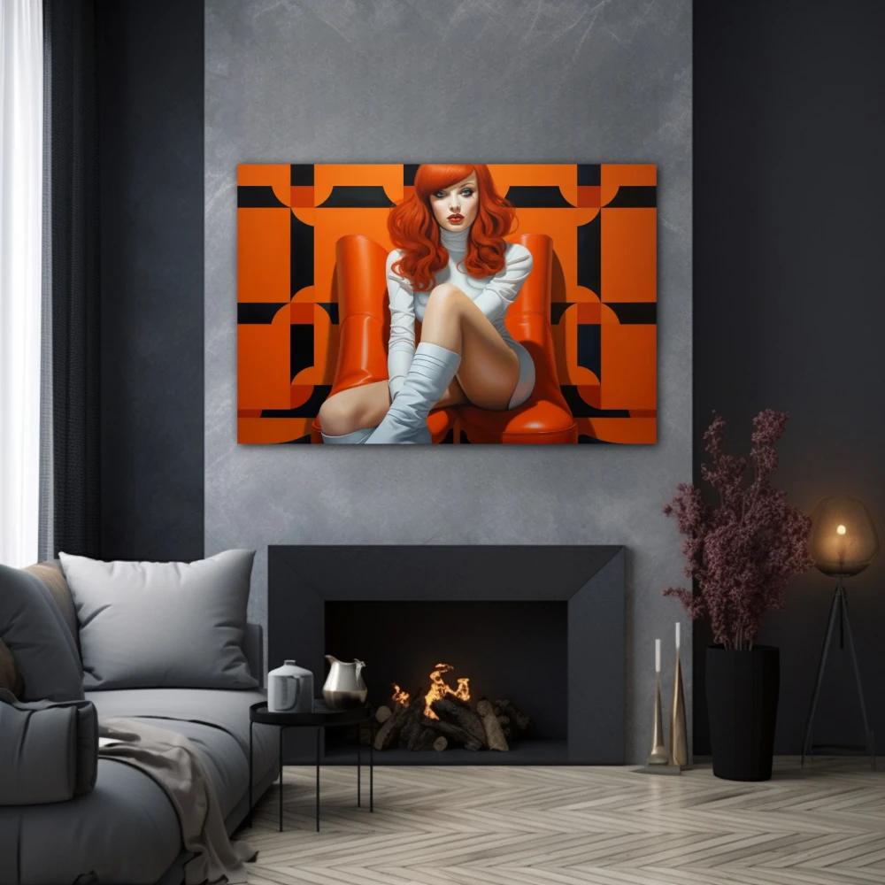Cuadro isabella d'amour en formato horizontal con colores blanco, naranja, negro; decorando pared gris