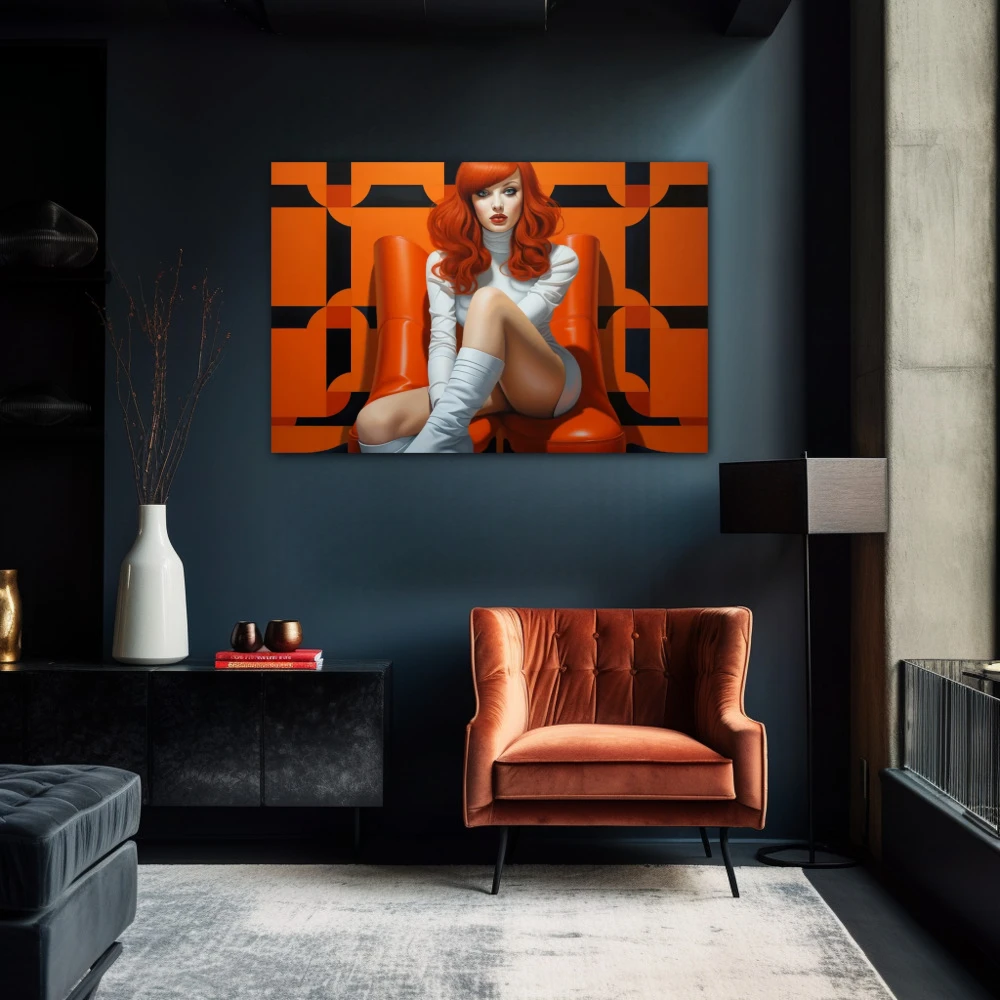 Cuadro isabella d'amour en formato horizontal con colores blanco, naranja, negro; decorando pared negra