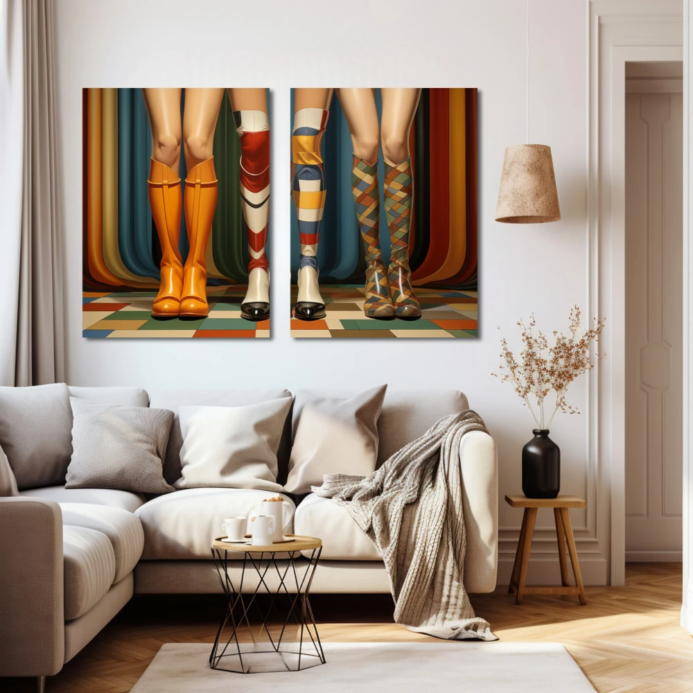 Wall Art titled: Paths of Passion in a Horizontal format with: Blue, and Orange Colors; Decoration the Beige Wall wall