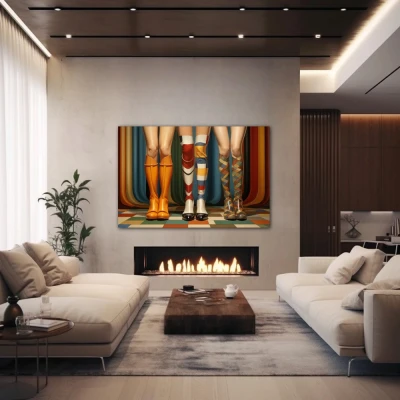Wall Art titled: Paths of Passion in a  format with: Blue, and Orange Colors; Decoration the Fireplace wall