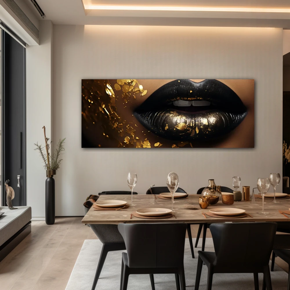 Wall Art titled: Kisses of Magma in a Elongated format with: Golden, Brown, and Black Colors; Decoration the Living Room wall