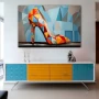 Wall Art titled: Polygonal Footprints in a Horizontal format with: Blue, Grey, Orange, and Red Colors; Decoration the Sideboard wall