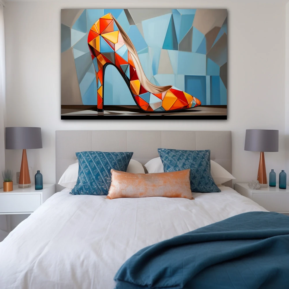 Cuadro pisadas poligonales en formato horizontal con colores azul, gris, naranja, rojo; decorando pared de habitación dormitorio