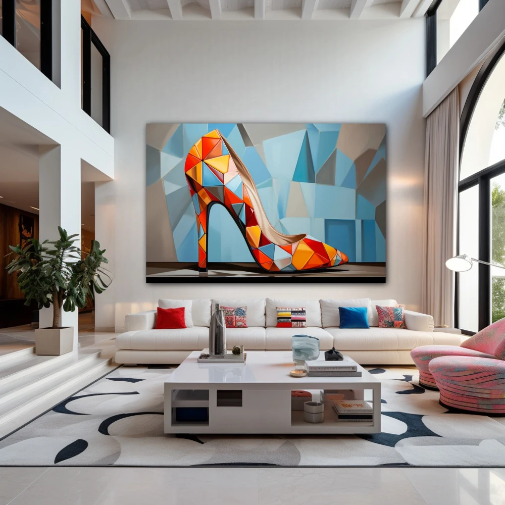 Wall Art titled: Polygonal Footprints in a Horizontal format with: Blue, Grey, Orange, and Red Colors; Decoration the Living Room wall