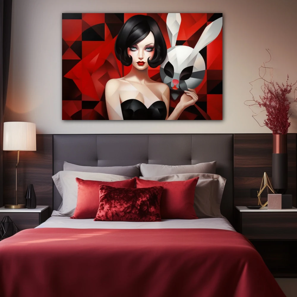 Cuadro sombras y tentaciones en formato horizontal con colores gris, negro, rojo; decorando pared de habitación dormitorio