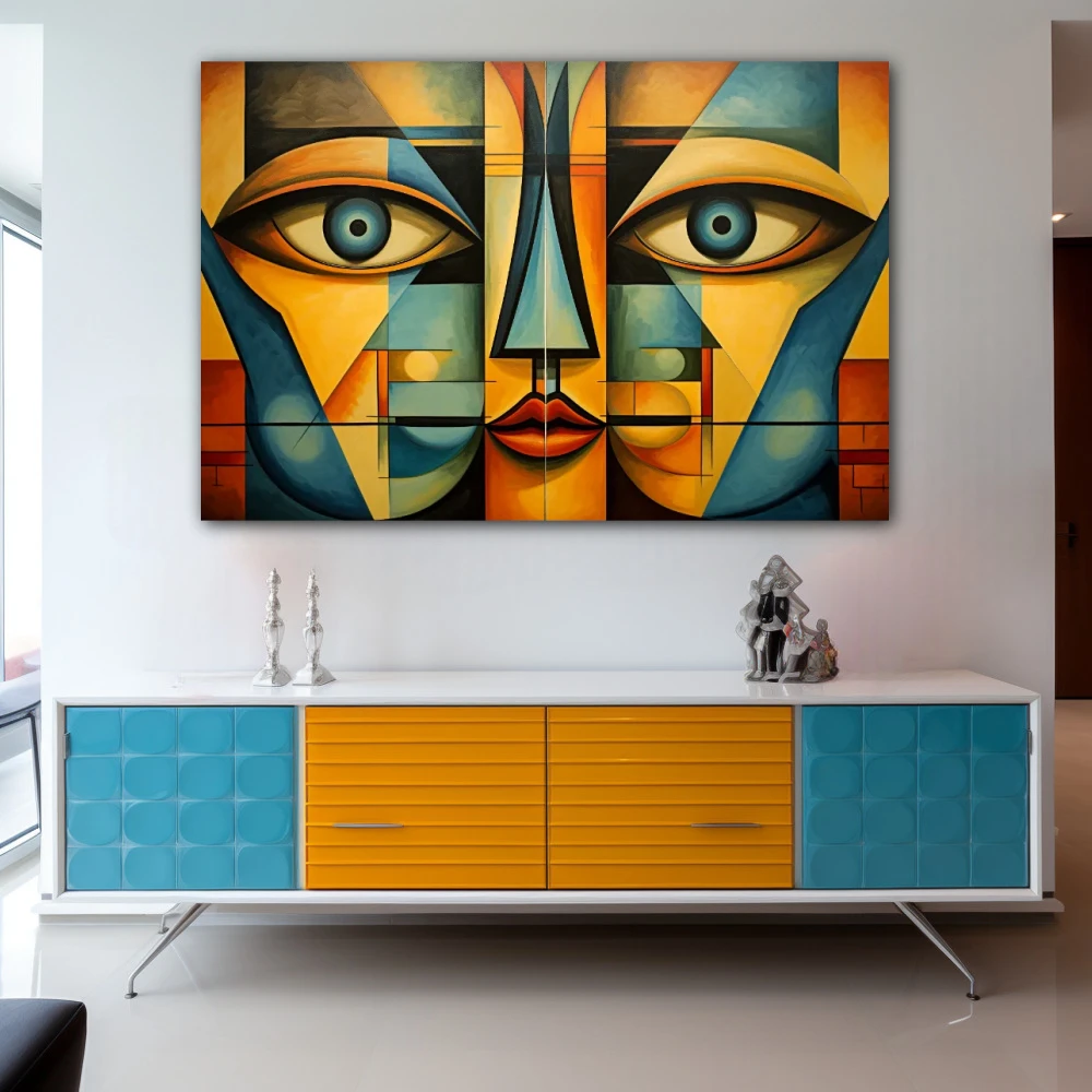 Wall Art titled: Echoes of a Psyche in a Horizontal format with: Yellow, and Blue Colors; Decoration the Sideboard wall