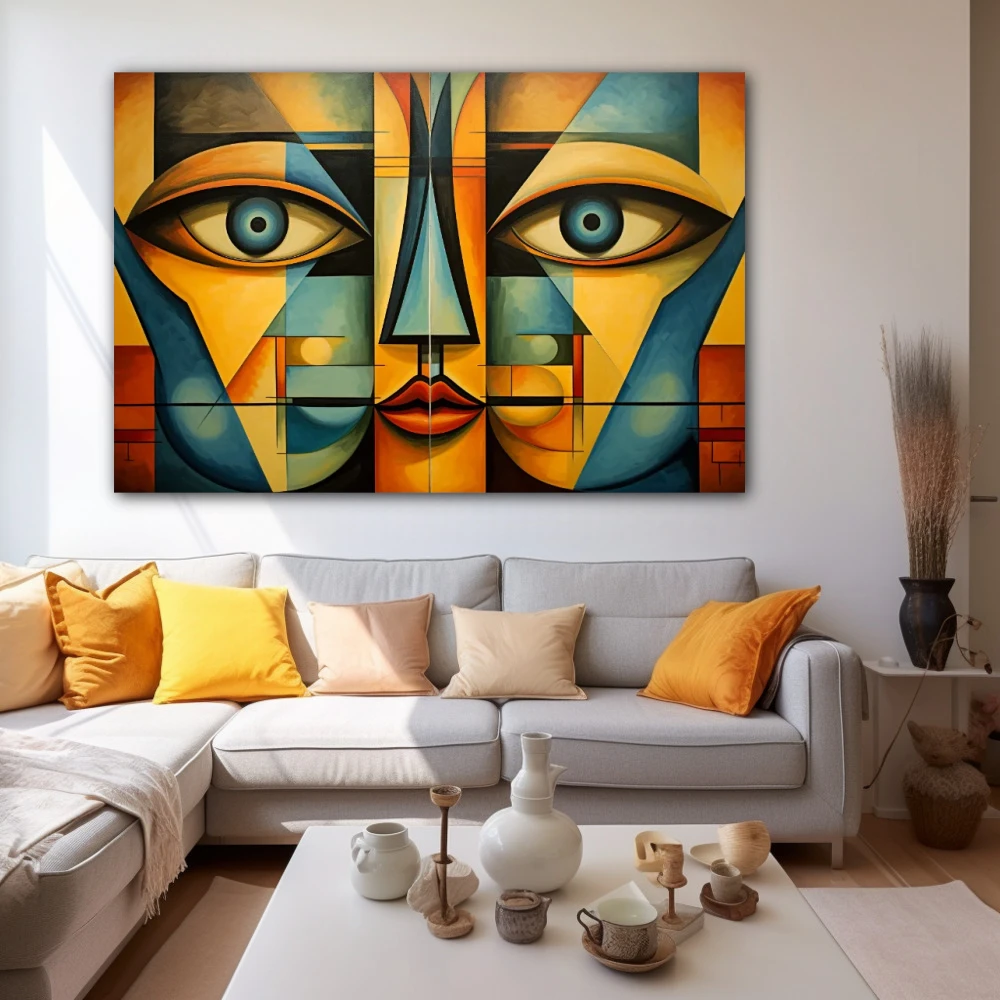 Wall Art titled: Echoes of a Psyche in a Horizontal format with: Yellow, and Blue Colors; Decoration the White Wall wall