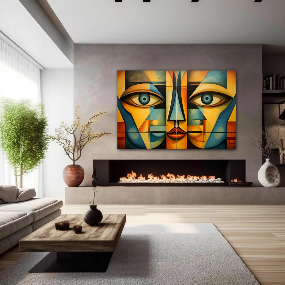 Wall Art titled: Echoes of a Psyche in a Horizontal format with: Yellow, and Blue Colors; Decoration the Fireplace wall