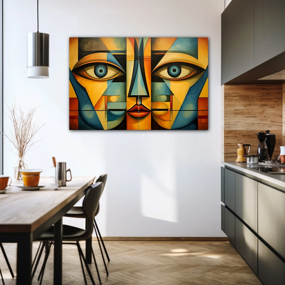 Wall Art titled: Echoes of a Psyche in a Horizontal format with: Yellow, and Blue Colors; Decoration the Kitchen wall