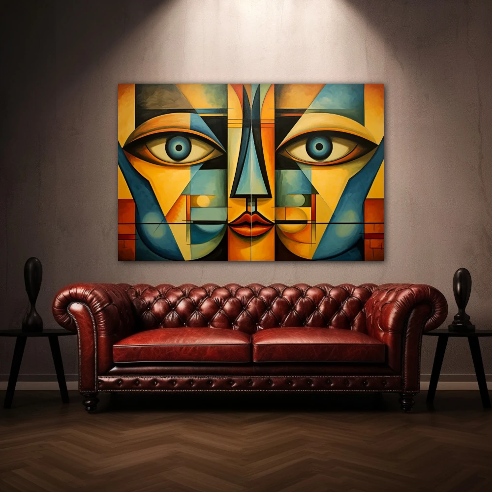 Wall Art titled: Echoes of a Psyche in a Horizontal format with: Yellow, and Blue Colors; Decoration the Above Couch wall