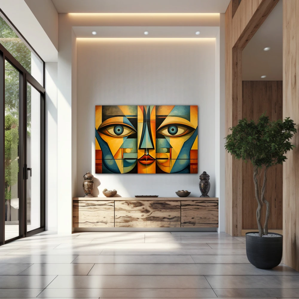 Wall Art titled: Echoes of a Psyche in a Horizontal format with: Yellow, and Blue Colors; Decoration the Entryway wall