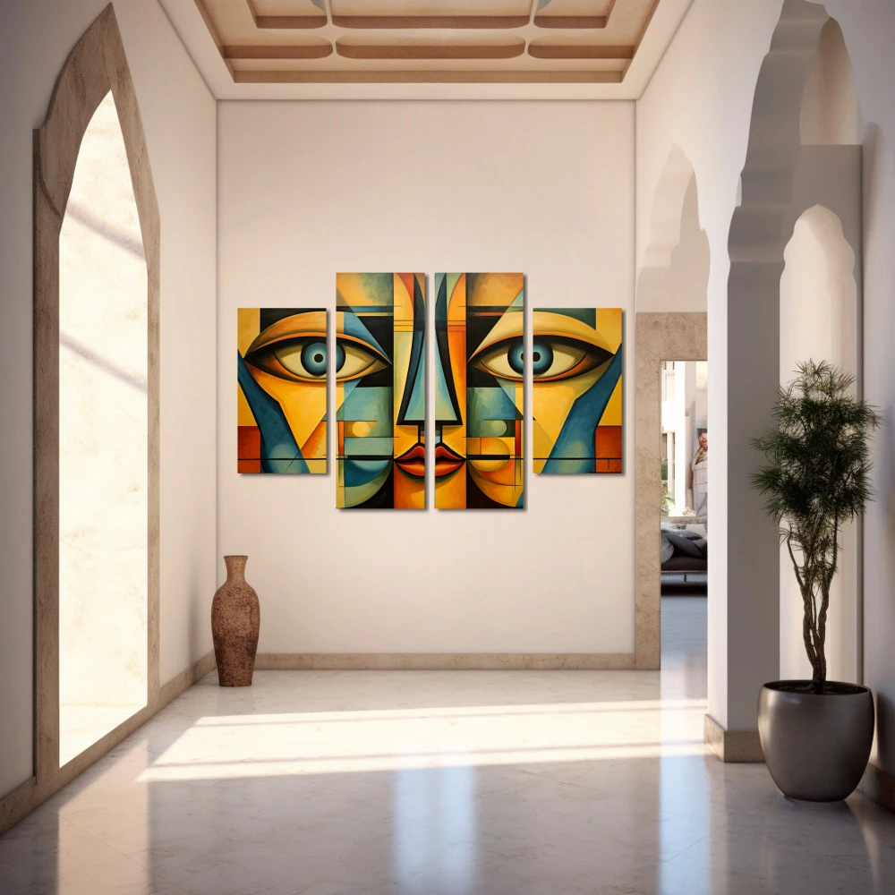 Wall Art titled: Echoes of a Psyche in a Horizontal format with: Yellow, and Blue Colors; Decoration the Entryway wall