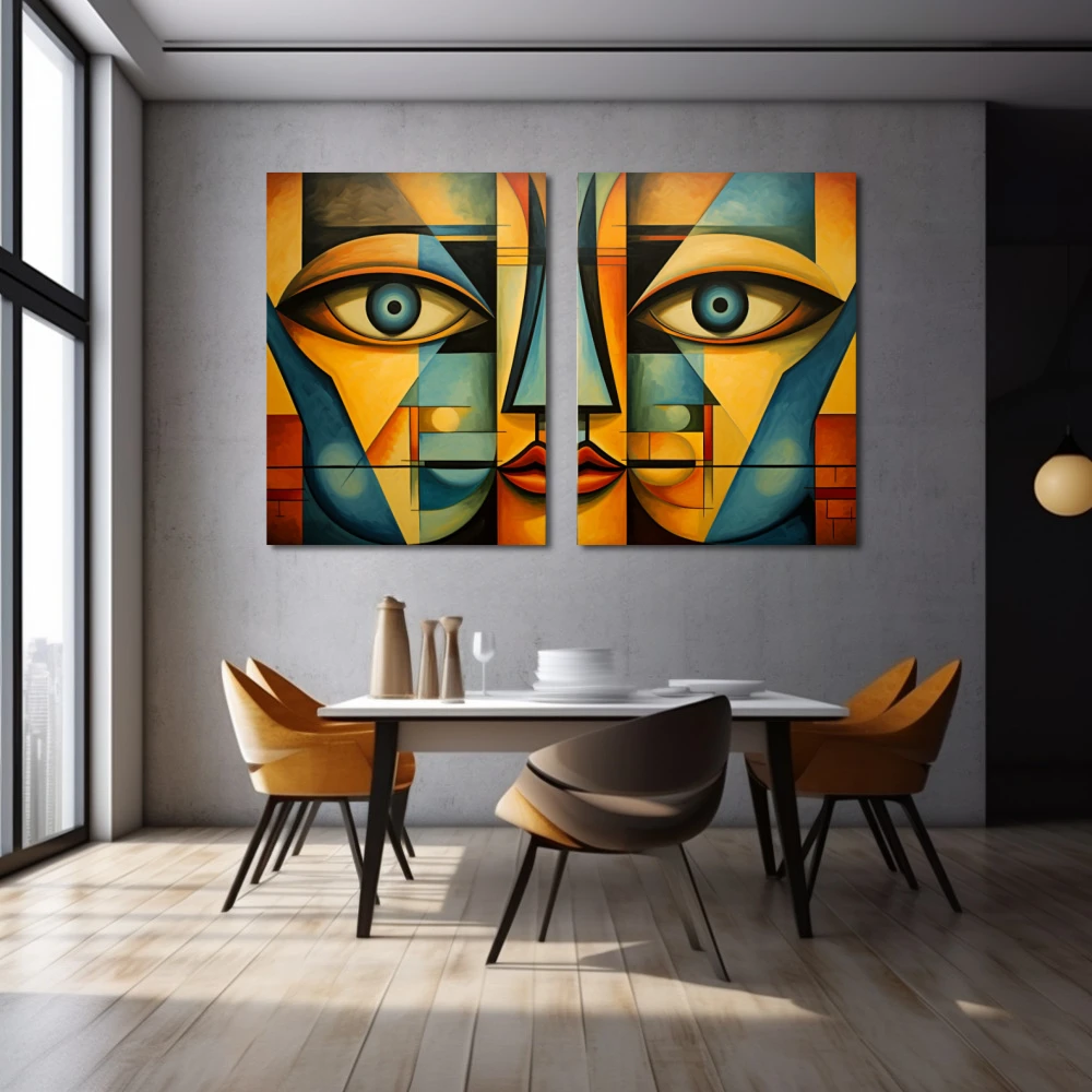 Wall Art titled: Echoes of a Psyche in a Horizontal format with: Yellow, and Blue Colors; Decoration the Grey Walls wall