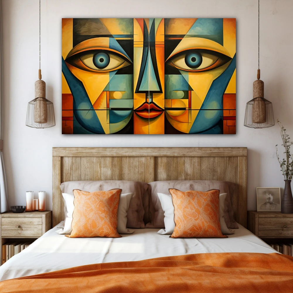 Wall Art titled: Echoes of a Psyche in a Horizontal format with: Yellow, and Blue Colors; Decoration the Bedroom wall