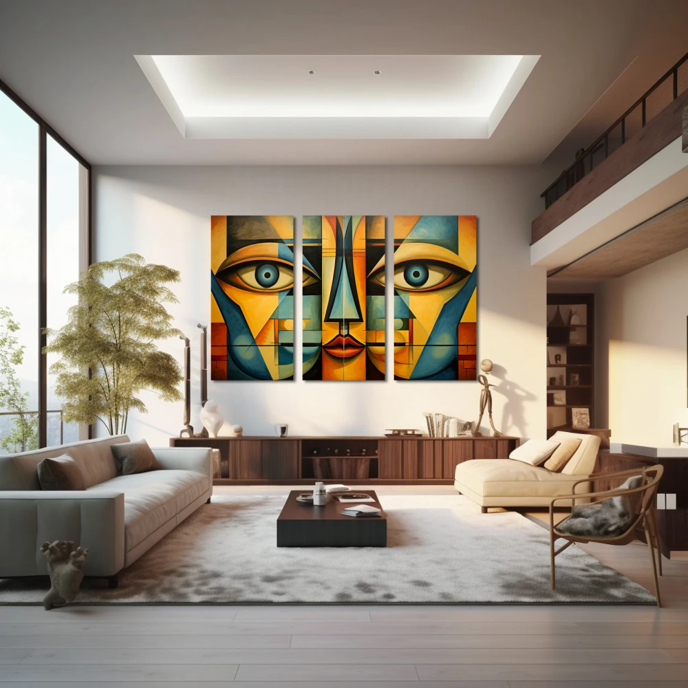 Wall Art titled: Echoes of a Psyche in a Horizontal format with: Yellow, and Blue Colors; Decoration the Living Room wall
