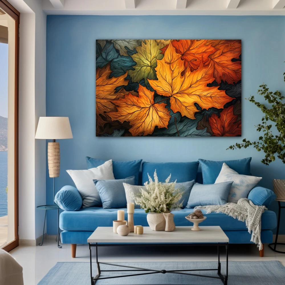 Cuadro susurros del otoño en formato horizontal con colores azul, naranja, verde; decorando pared azul