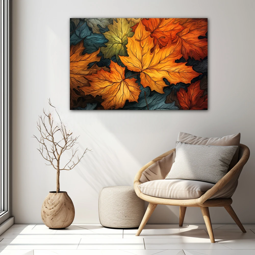 Cuadro susurros del otoño en formato horizontal con colores azul, naranja, verde; decorando pared blanca