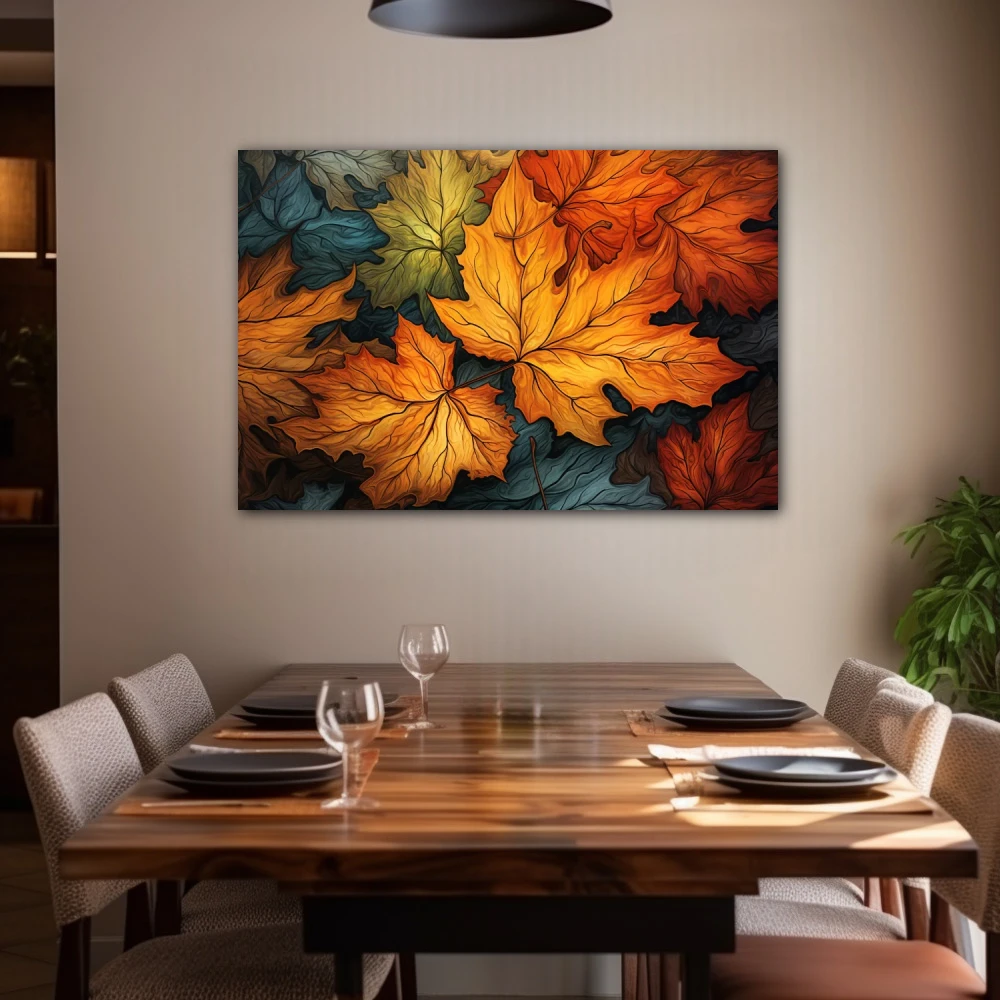 Cuadro susurros del otoño en formato horizontal con colores azul, naranja, verde; decorando pared de salón comedor