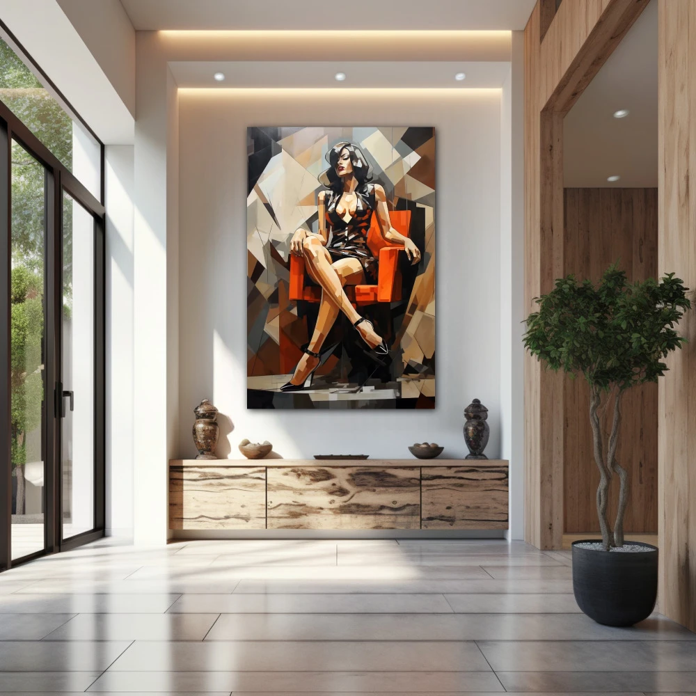 Cuadro reflejo de la pasión en formato vertical con colores gris, naranja, negro; decorando pared de entrada y recibidor
