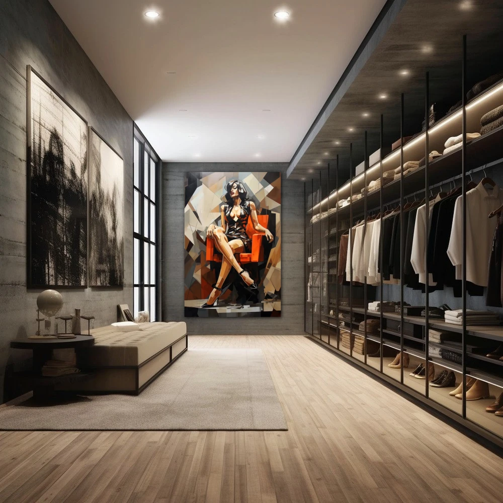 Cuadro reflejo de la pasión en formato vertical con colores gris, naranja, negro; decorando pared de vestidor