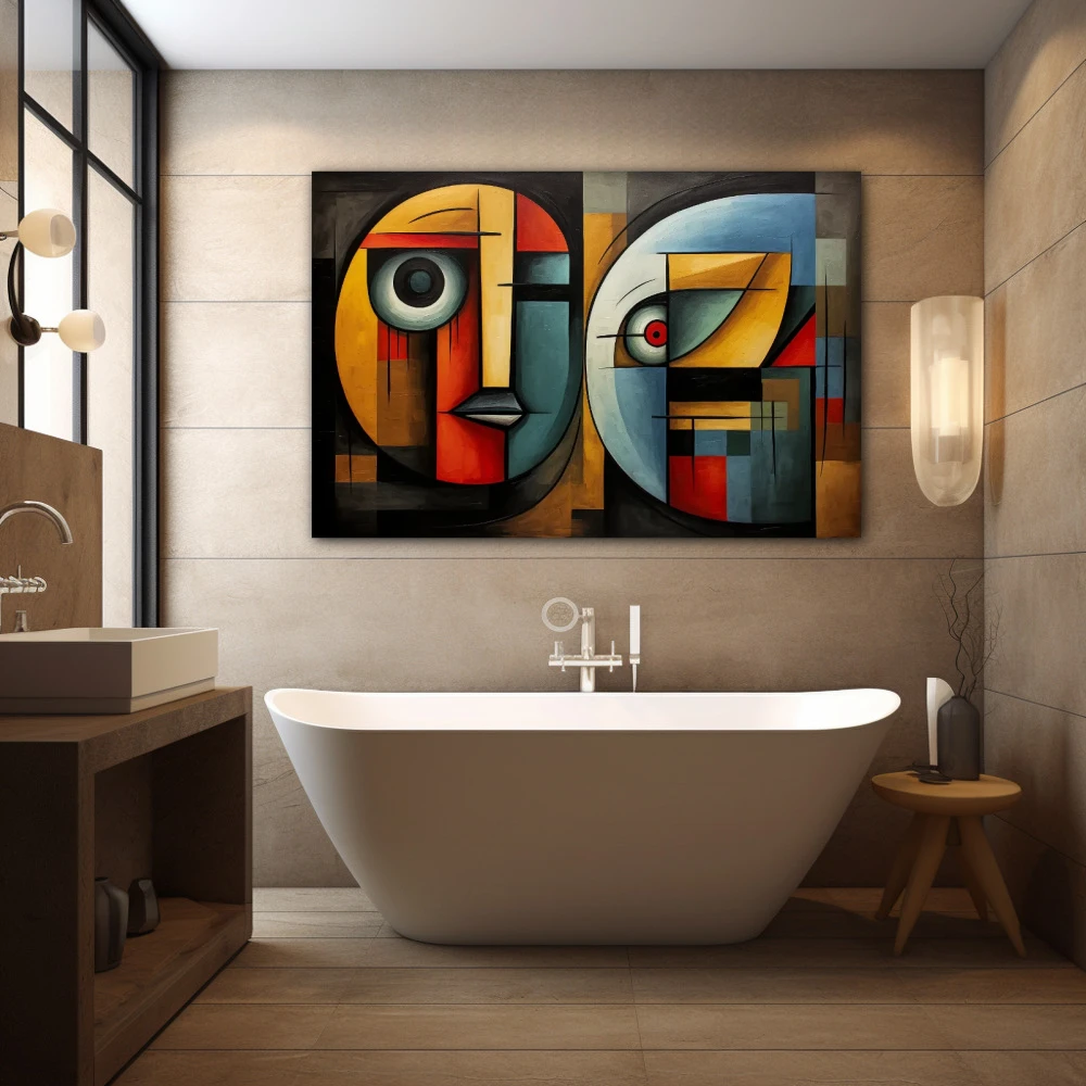 Wall Art titled: Spectral Duality in a Horizontal format with: Yellow, Blue, and Red Colors; Decoration the Bathroom wall