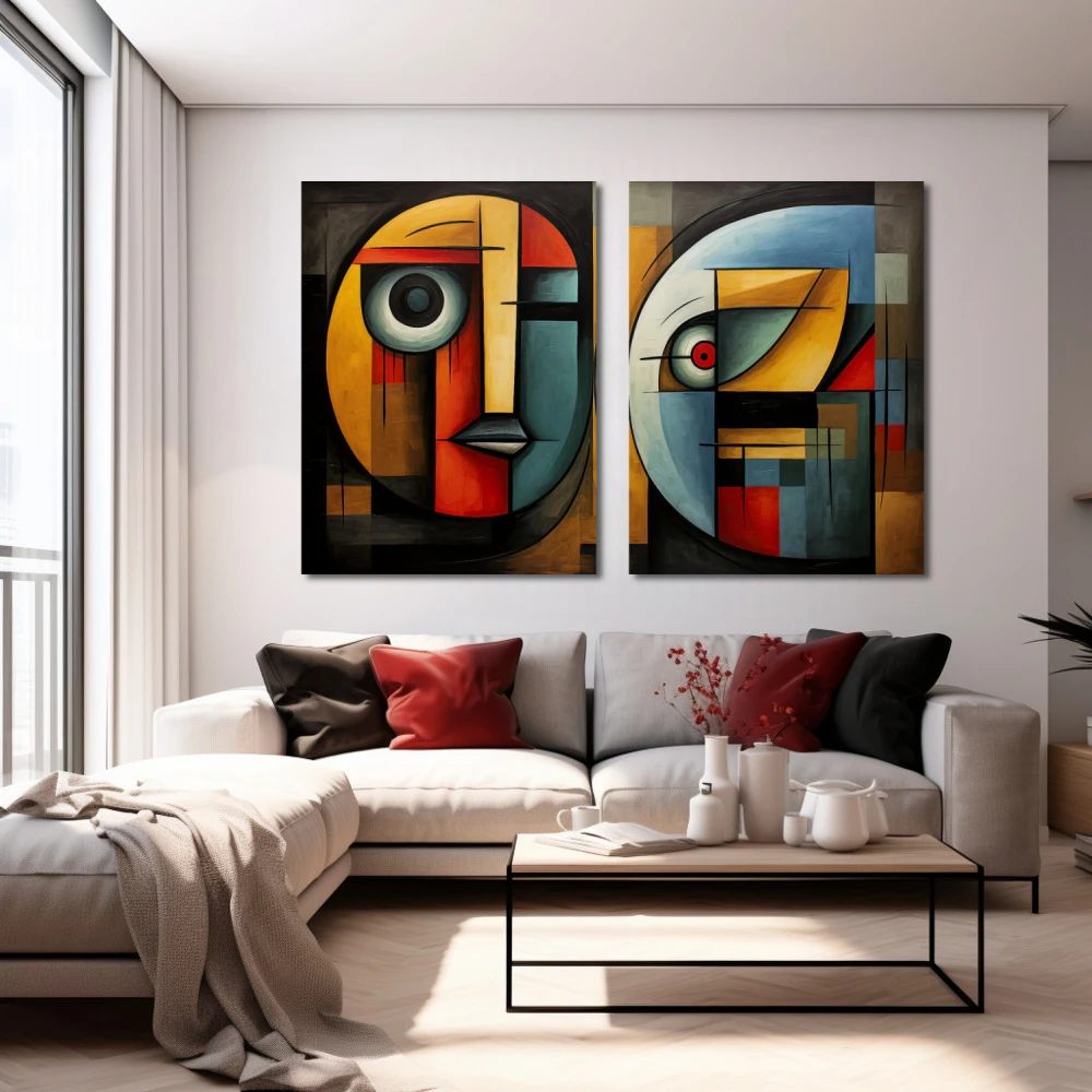 Wall Art titled: Spectral Duality in a Horizontal format with: Yellow, Blue, and Red Colors; Decoration the White Wall wall