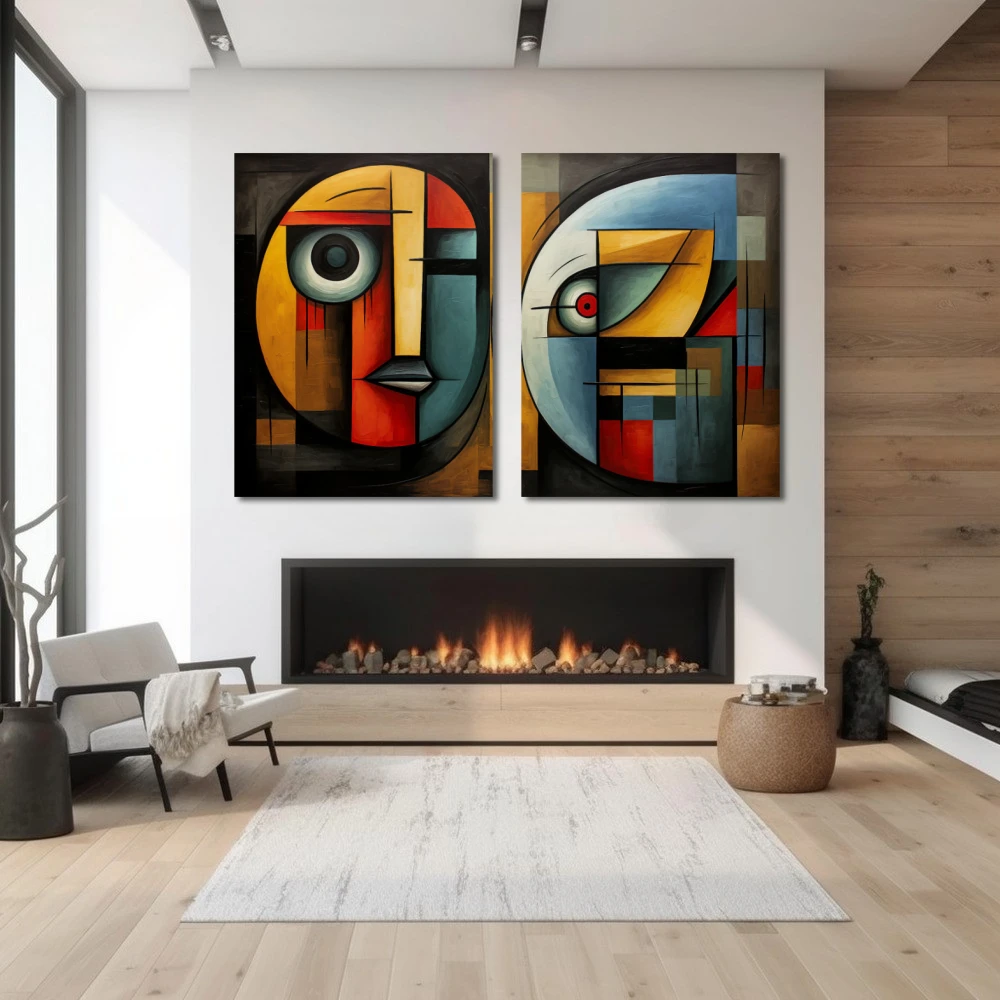Wall Art titled: Spectral Duality in a Horizontal format with: Yellow, Blue, and Red Colors; Decoration the Fireplace wall