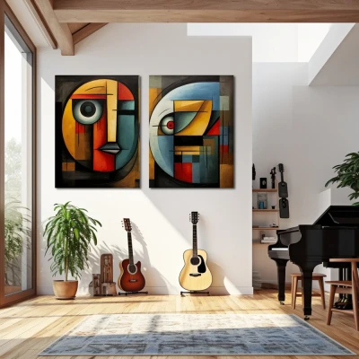 Wall Art titled: Spectral Duality in a  format with: Yellow, Blue, and Red Colors; Decoration the Living Room wall