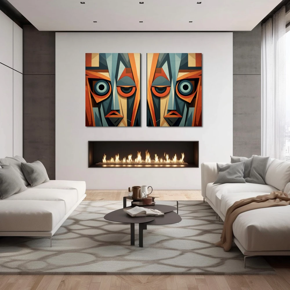 Wall Art titled: Observer's Enigma in a Horizontal format with: Grey, and Orange Colors; Decoration the Fireplace wall
