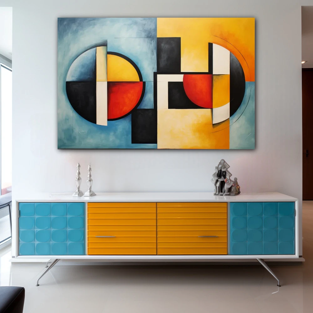 Wall Art titled: Circle of Influences in a Horizontal format with: Blue, Mustard, and Red Colors; Decoration the Sideboard wall