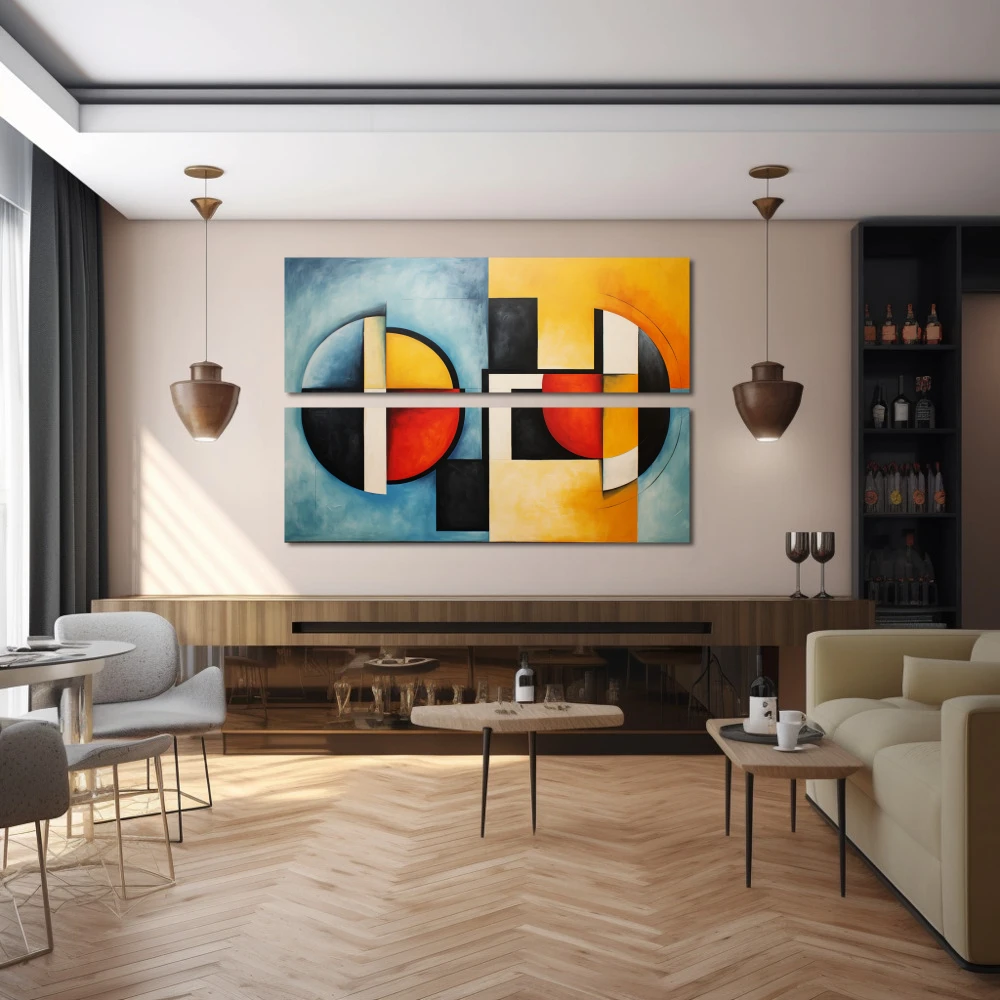 Wall Art titled: Circle of Influences in a Horizontal format with: Blue, Mustard, and Red Colors; Decoration the Bar wall