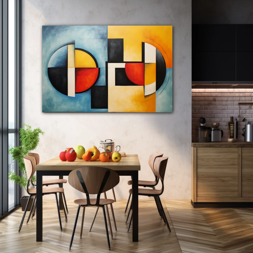 Wall Art titled: Circle of Influences in a Horizontal format with: Blue, Mustard, and Red Colors; Decoration the Kitchen wall