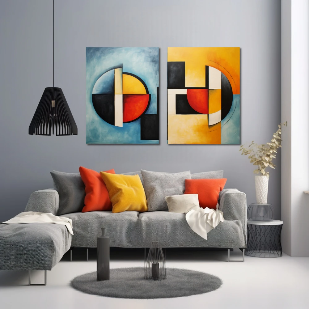 Wall Art titled: Circle of Influences in a Horizontal format with: Blue, Mustard, and Red Colors; Decoration the Grey Walls wall