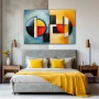 Wall Art titled: Circle of Influences in a Horizontal format with: Blue, Mustard, and Red Colors; Decoration the Bedroom wall