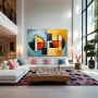 Wall Art titled: Circle of Influences in a Horizontal format with: Blue, Mustard, and Red Colors; Decoration the Living Room wall
