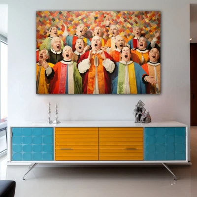 Wall Art titled: Electric Ecumenical Vibration in a  format with: Brown, Orange, and Vivid Colors; Decoration the Sideboard wall